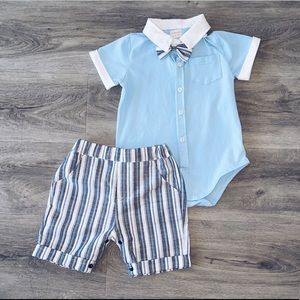 Buttoned up bow tie shirt and shorts set ♡